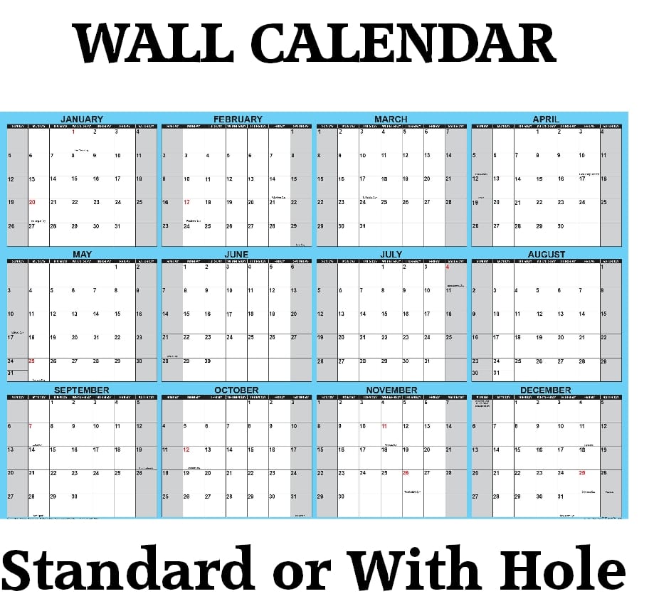 Wall Calendar (Branded) Standard or With Hanging Hole (A3, A2, A1, or